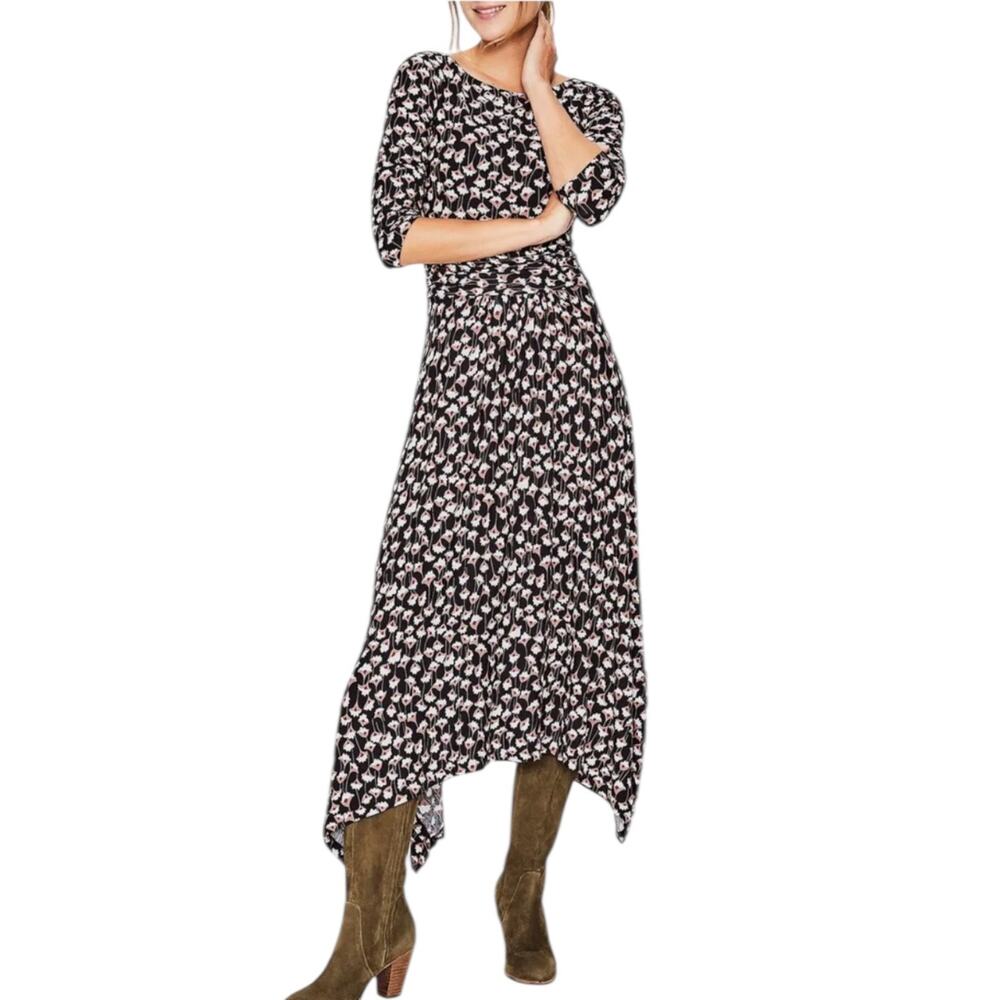 Boden Maisie Matte Jersey Midi Dress Black Floral Handkerchief Hem Ruched Size 8 - Picture 1 of 12